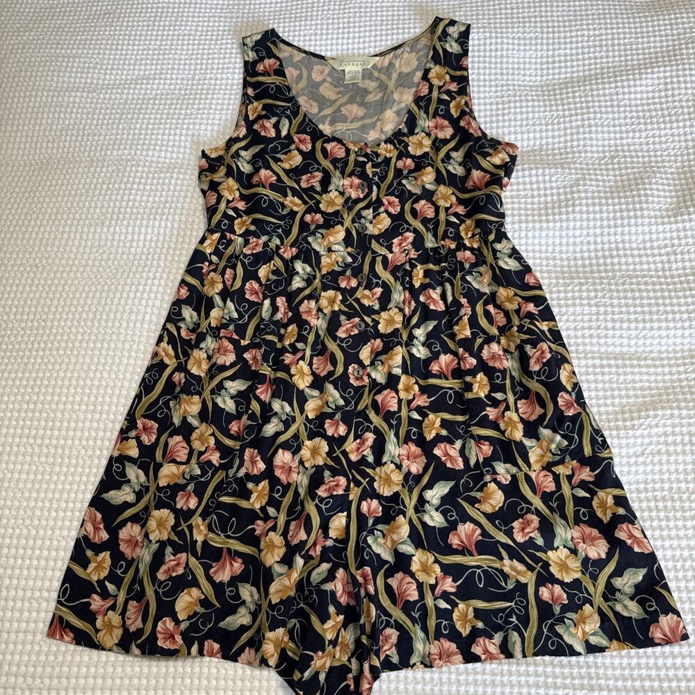 Vintage 90s Express Navy Floral Romper Jumpsuit Button Front Pockets 7/8 M EUC